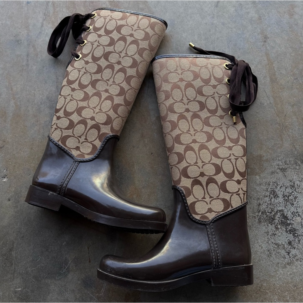 Coach Tristee Signature Lace-Up Rain Boots - Brown - Picture 1 of 12